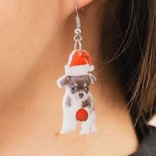 christmas dog earrings santa hat dog dangle earrings holiday stocking stuffer dog lover jewelry gift