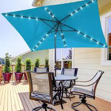 Sonkuki 10 Ft X 6 5 Ft Rectangle Solar Led Outdoor Patio Market Table Umbrella With Push On Tilt And Crank In Lake Blue