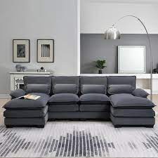 J E Home 109 8 In W Square Arm Gray Chenille 6 Seater 4 Piece U Shaped Recliner Sectional Sofa With Ottoman