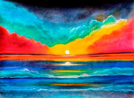 Ocean Sunset Colorful Pastel Painting