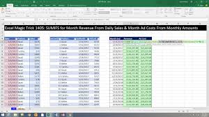 Excel Magic Trick 1405 Monthly Totals Report Sales From Daily Records Costs From Monthly Records