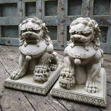 Pair Of Foo Dog Stone Statues Oriental