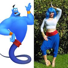 Young oriental girl, sea sky and beach. Blue Hair Alternative To Ponytail On Top Of Head Disney Costumes For Women Genie Costume Aladdin Genie Costume