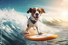 dog puppy surfing on a wave while on