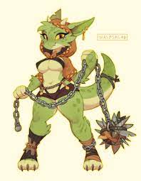 161775 - safe, artist:waspsalad, fictional species, goblin, hybrid, kobold,  mammal, reptile, anthro, absolute cleavage, bottomwear, breasts, chain,  cleavage, clothes, female, flail, hood, horns, jewelry, nipple outline,  short shorts, shorts, solo, solo ...