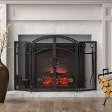 Brightwell Modern Iron Folding Fireplace Screen With Door And Tools Matte Black By Noble House