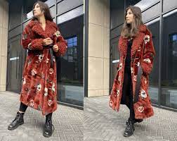 Red Fl Long Faux Fur Coat For Women