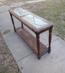 Vintage Wood Glass Cane Console Table
