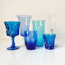 6 Mcm Mixed Blue Glassware Mid Century