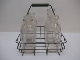 milk bottle carrier w 4 vintage glass