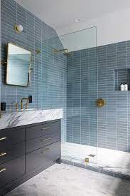 Shower With Stacked Blue Glass Tiles