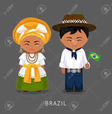 国旗を持つ国民服を着たブラジル人。伝統的な衣装を着た男女。ブラジルへの旅行。人々。ベクター フラットの図。のイラスト素材・ベクター Image  96983999