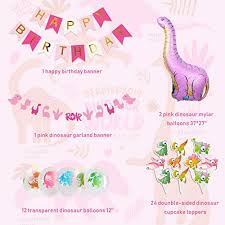 Kreatwow Dinosaur Party Decorations For Girls Pink Dinosaur Balloons Garland Happy Birthday Banner For Kids Baby Girl 1st Birthday Baby Shower