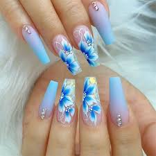 blue flowers diamond false nail long
