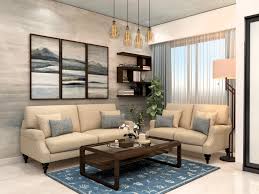 design with white sofa and blue carpet