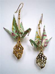 swirl green origami crane earrings with