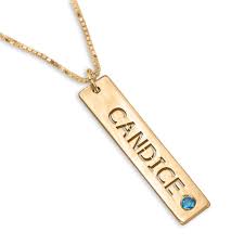Double Thickness Vertical Bar Name Necklace With Birthstone 24k Gold Plated