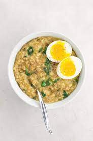 savory oats recipe with spinach and an