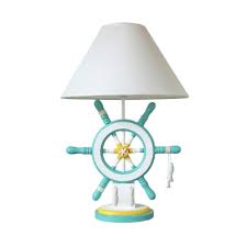 Green Pink Ship Rudder Night Light Nautical 1 Light Wood Table Lighting With Wide Cone Fabric Lampshade Beautifulhalo Com