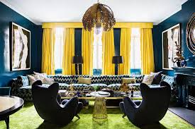 blue and yellow living room with glossy