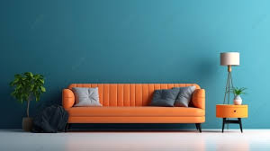 Orange Wall And Blue Sofa 3d Rendering