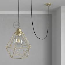 Swag Lamp Pendant Light With Brass Diamond Light Bulb Cage Black Rayon Cloth Wire Creative Cables
