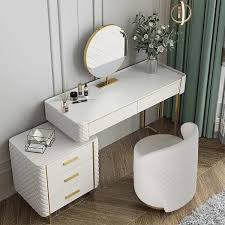 forclover white modern luxury makeup vanity table w led mirror sintered stone top 5 drawers stool 30 7 in x 47 in x 18 in