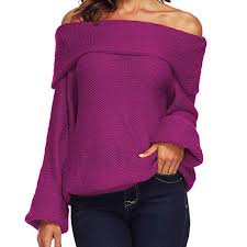 Ihph7 Woman Sexy Strapless Word Collar Sweater Solid Color