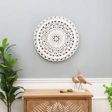 White Wood Flower Round Wall Art Decor