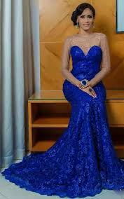 High Quality Royal Blue Lace Sheer Long Sleeve Evening Dresses Long