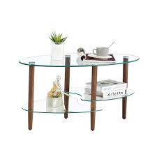 35 In W X 19 7 In D X 17 72 In H Brown Oval Coffee Table Linen Cabinet With Wood Legs And 3 Tier Glass