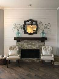 Shiplap And Stacked Stone Fireplace