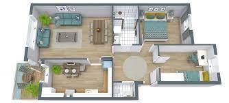 2 bedroom home plan with l shaped kitchen