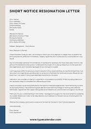 free printable short notice resignation