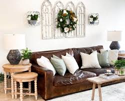 farmhouse living rooms with brown couches