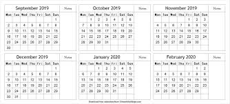 Print Free 6 Month Calendar September To February 2020 With