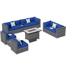 Messi Grey 10 Piece Wicker Outdoor Patio Fire Pit Conversation Sofa Sectional Set With Navy Blue Cushions