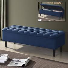 velvet fabric storage bench navy blue