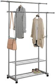 Home Bi Adjustable Garment Rack With 2 Tier Metal Shelf Rolling Clothes Organize Home Garden Garment Racks Ayianapatriathlon Com