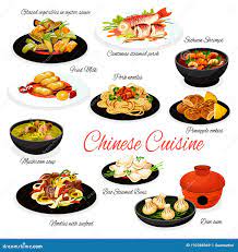 Блюда китайской кухни азиатские блюда из морепродуктов и мяса Иллюстрация  вектора - иллюстрации насчитывающей вареник, перец: 192388369