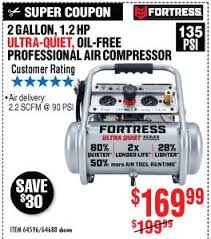 Harbor freight has recently added 2 new oil free compressors to their new fortress brand, with a 5 gallon 1.6hp 225 psi unit and a 27 gallon 1.6hp 200 psi unit. Check Out The New Fortress High Performance Series Additional Coupons Harbor Freight Tools Email Archive