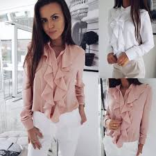 2019 Elegant 2019 Blouse Tops Women Office Ruffled Shirts Ladies Ruffle Long Sleeve Wave Collar Spring Autumn Casual Female 2xl Blusas From Wanglon07