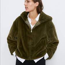Zara Green Coats Faux Fur Outer S
