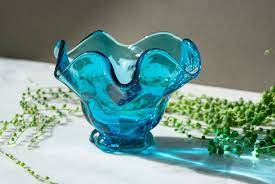 Aqua Blue Swung Glass Bowl 6 Petal