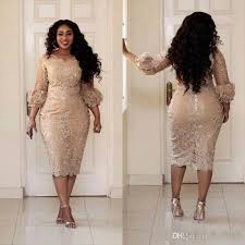 New Arival Champagne Lace Plus Size Mother Of The Bride Dresses Long Puff Sleeve Sheath Tea Length Evening Dress Party Dresses Evening Dresses Online