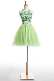 Ball Halter Short Light Green Tulle Beaded Two Piece Prom Dress