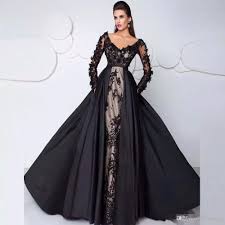 2019 Black Long Sleeve Lace Evening Gowns With Detachable Train Plus Size Off Shoulder Dubai Prom Dresses V Neck Sexy Party Dress Boutique Evening