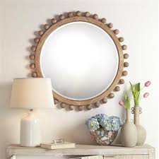 Natural Wood Beveled Round Wall Mirror