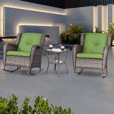 3 Piece Wicker Patio Outdoor Rocking Chair Set With Green Cushions