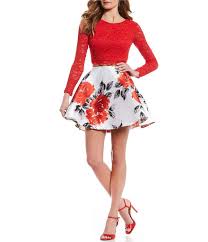 Jodi Kristopher Long Sleeve Lace With Floral Skirt Two Piece